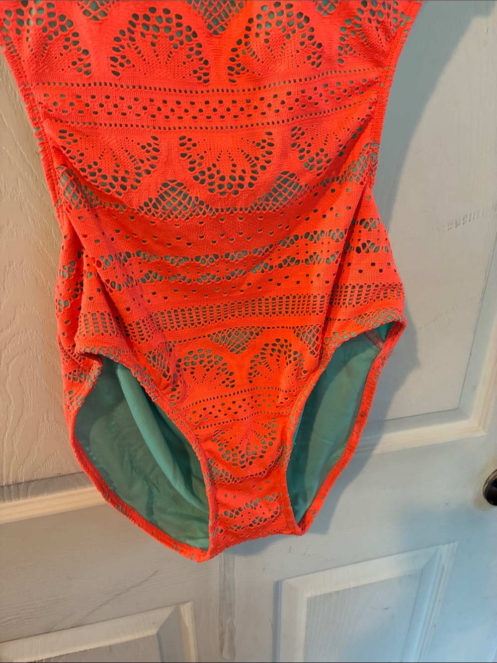 No Boundaries Size 11/13 Neon Coral Crochet One-Piece Swimsuit with Mint Trim - Picture 4 of 15
